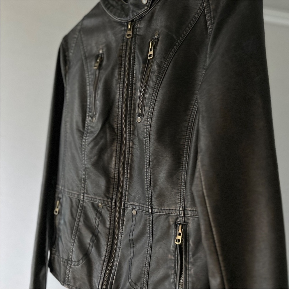 TCEC Peace of Mind Washed Brown Vegan Leather Moto  Jacket Street Plus size XXL - Picture 10 of 17
